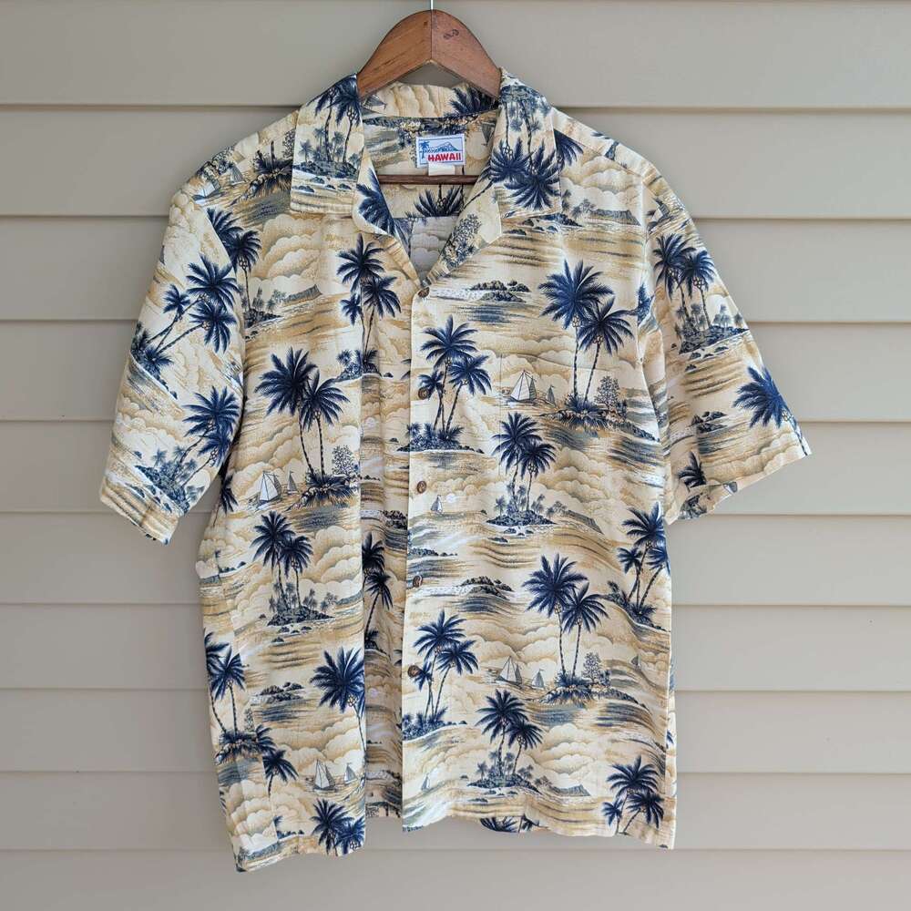Hawaii Brand Vintage Hawaiian Shirt Mens XL Tan Palm Tree Sailboat Print Cotton